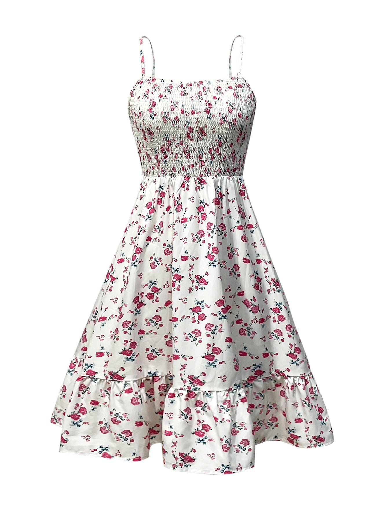 Floral Print Shirred Spaghetti Strap Dress