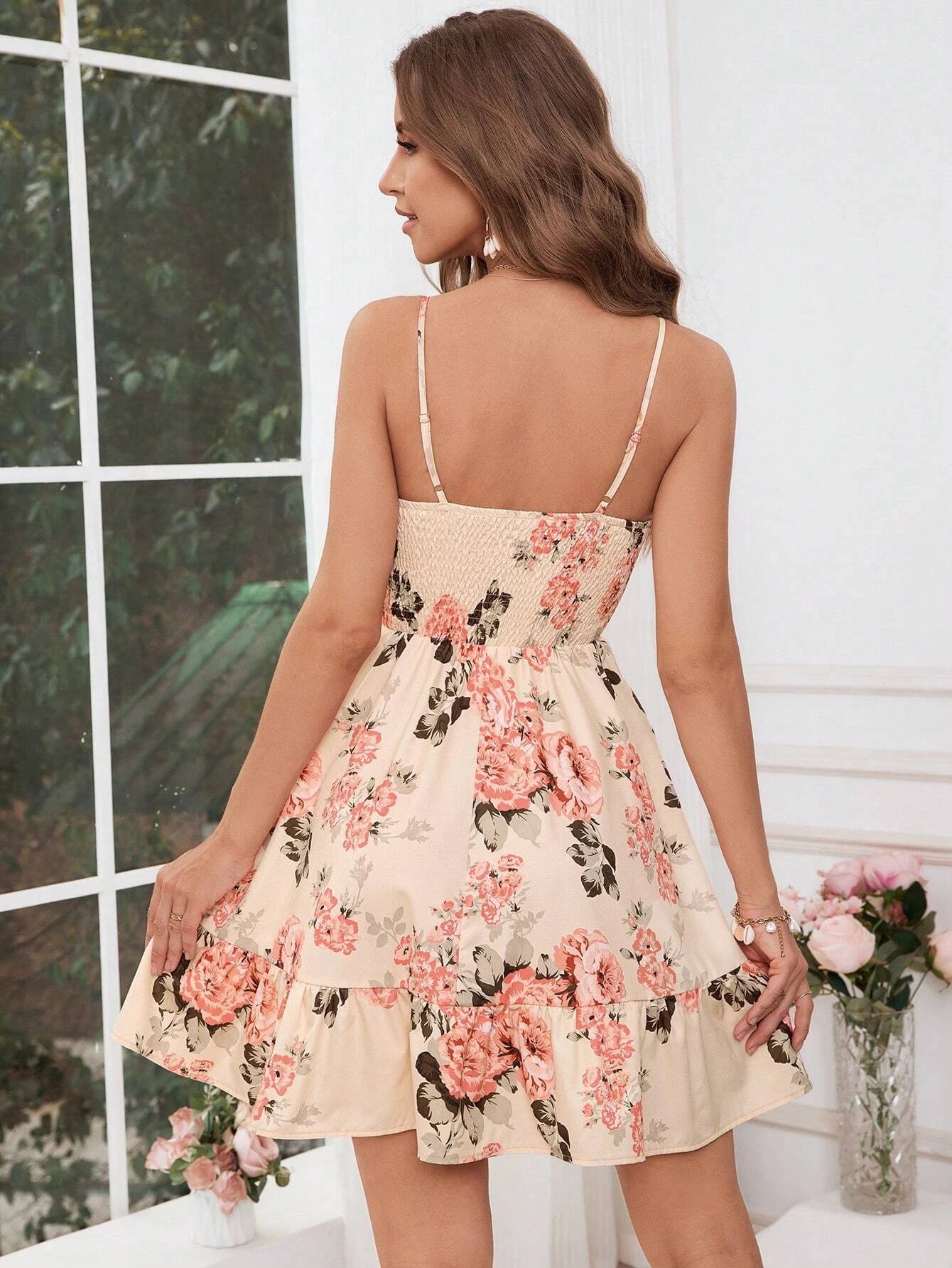 Floral Print Shirred Spaghetti Strap Dress