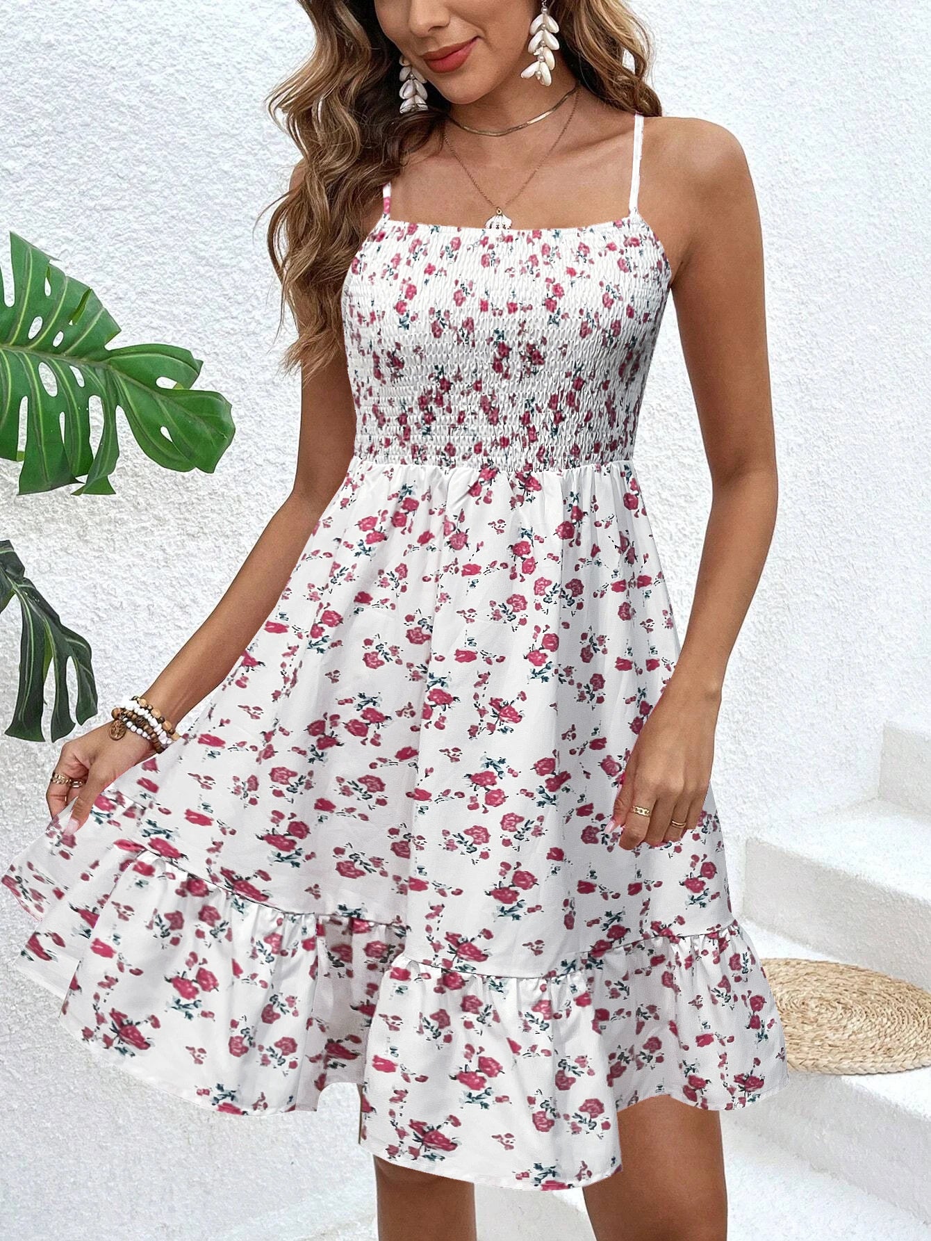 Floral Print Shirred Spaghetti Strap Dress