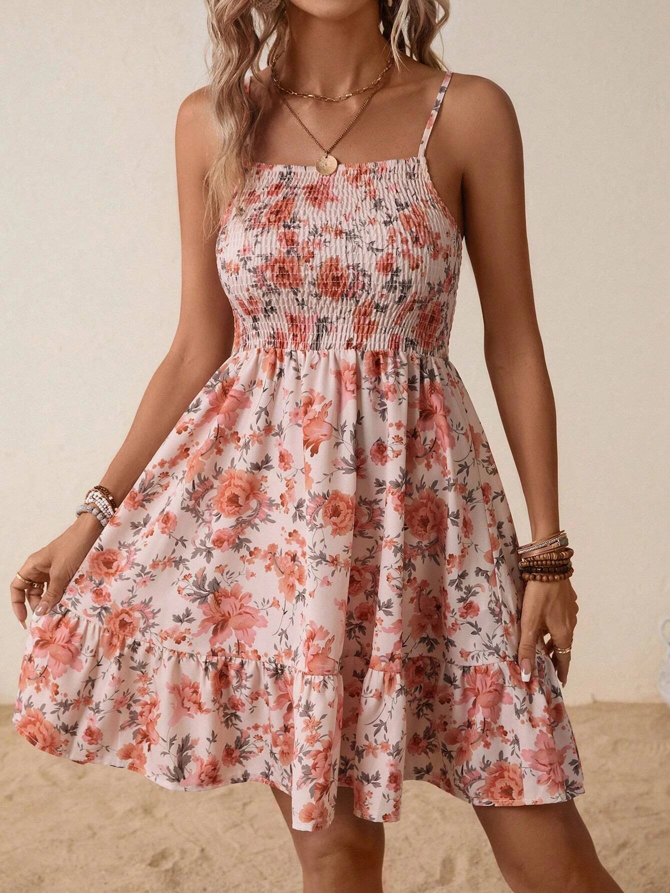 Floral Print Shirred Spaghetti Strap Dress