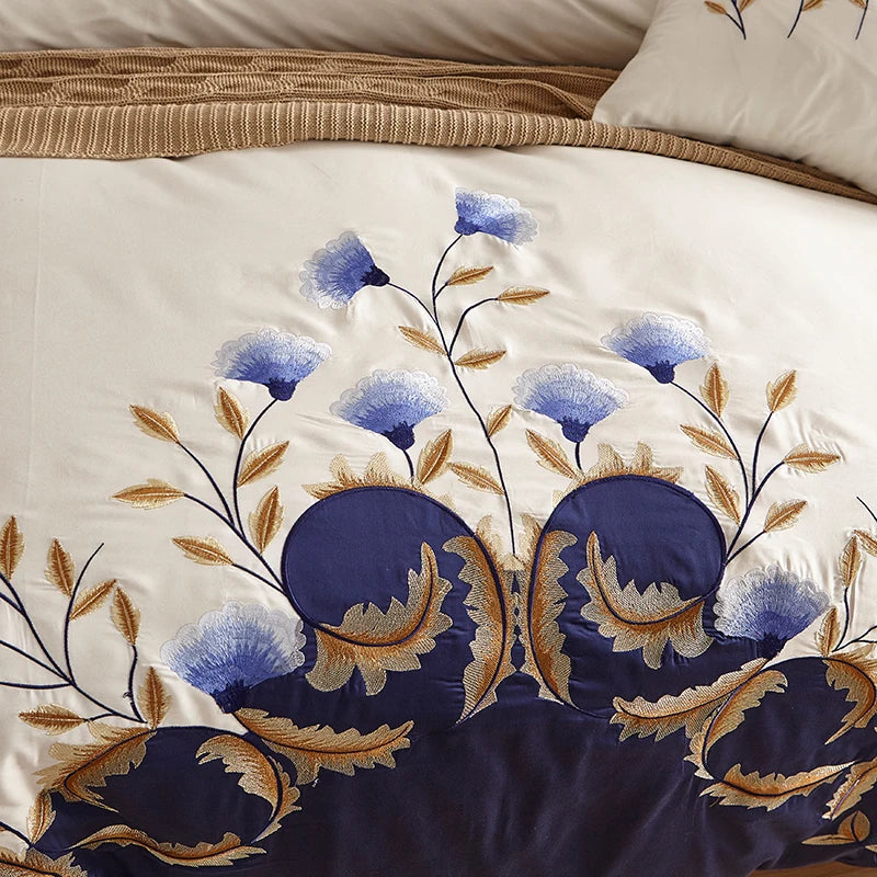 Elegant Embroidered White Navy Luxury Bedding Egyptian Cotton