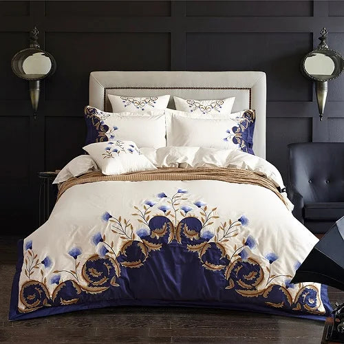 Elegant Embroidered White Navy Luxury Bedding Egyptian Cotton