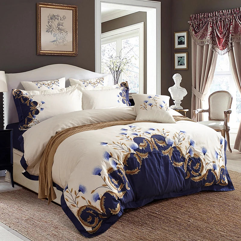Elegant Embroidered White Navy Luxury Bedding Egyptian Cotton
