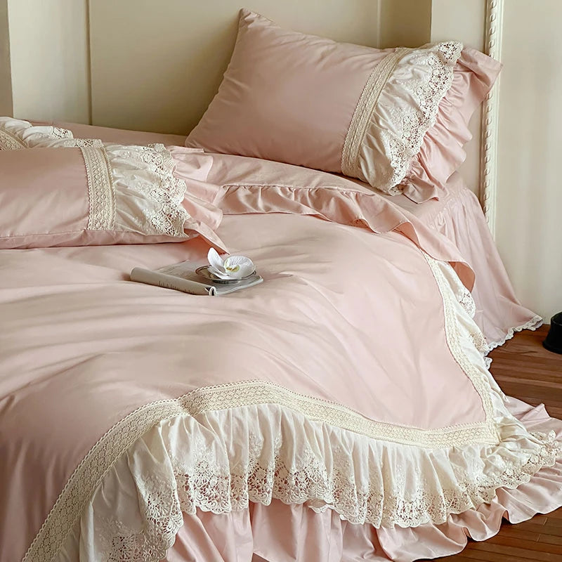 Elegant French Lace Ruffle Bedding Set 100% Cotton