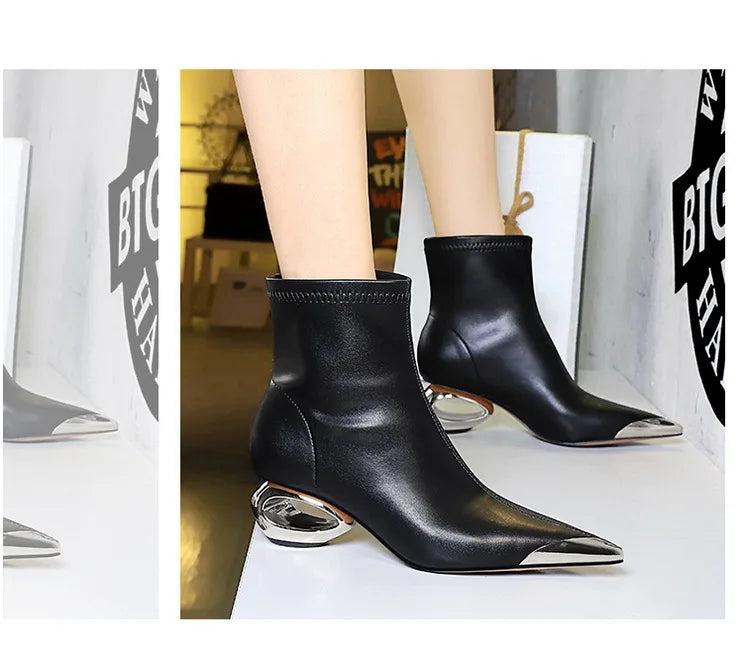 Metal Pointed Toes Ankle  Boots With Hollow Heel Iron Head