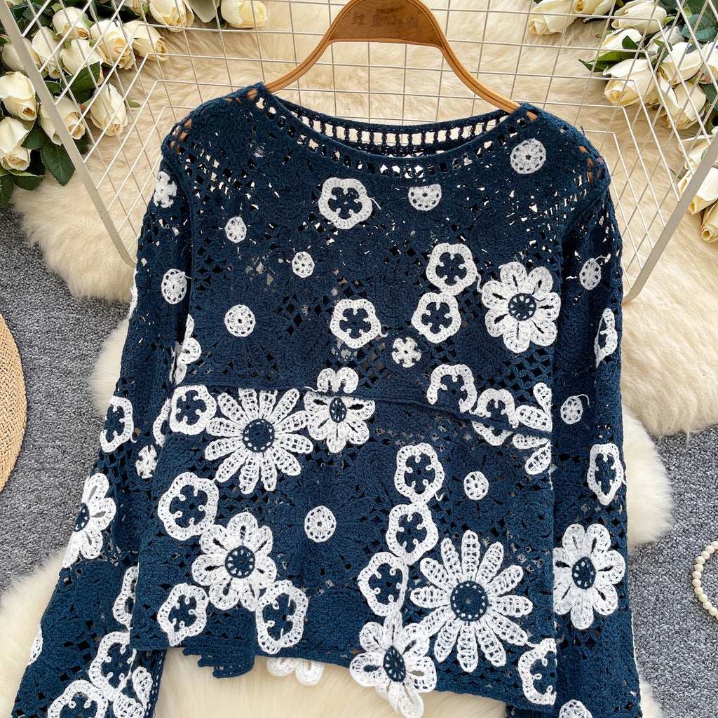 Elegant Hollow Floral Knit Pullover