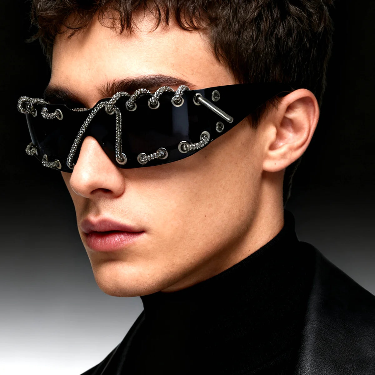 Frameless Crystal Chain One-Piece Sunglasses