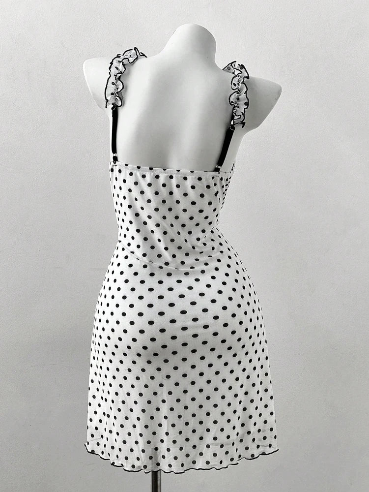 Polka Dot Ruffle Trim Bow Front Cami Mini Dress