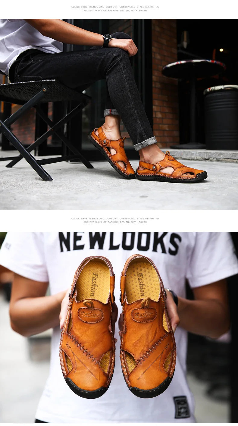 Men’s Premium Leather Sandals – Breathable Slip-On