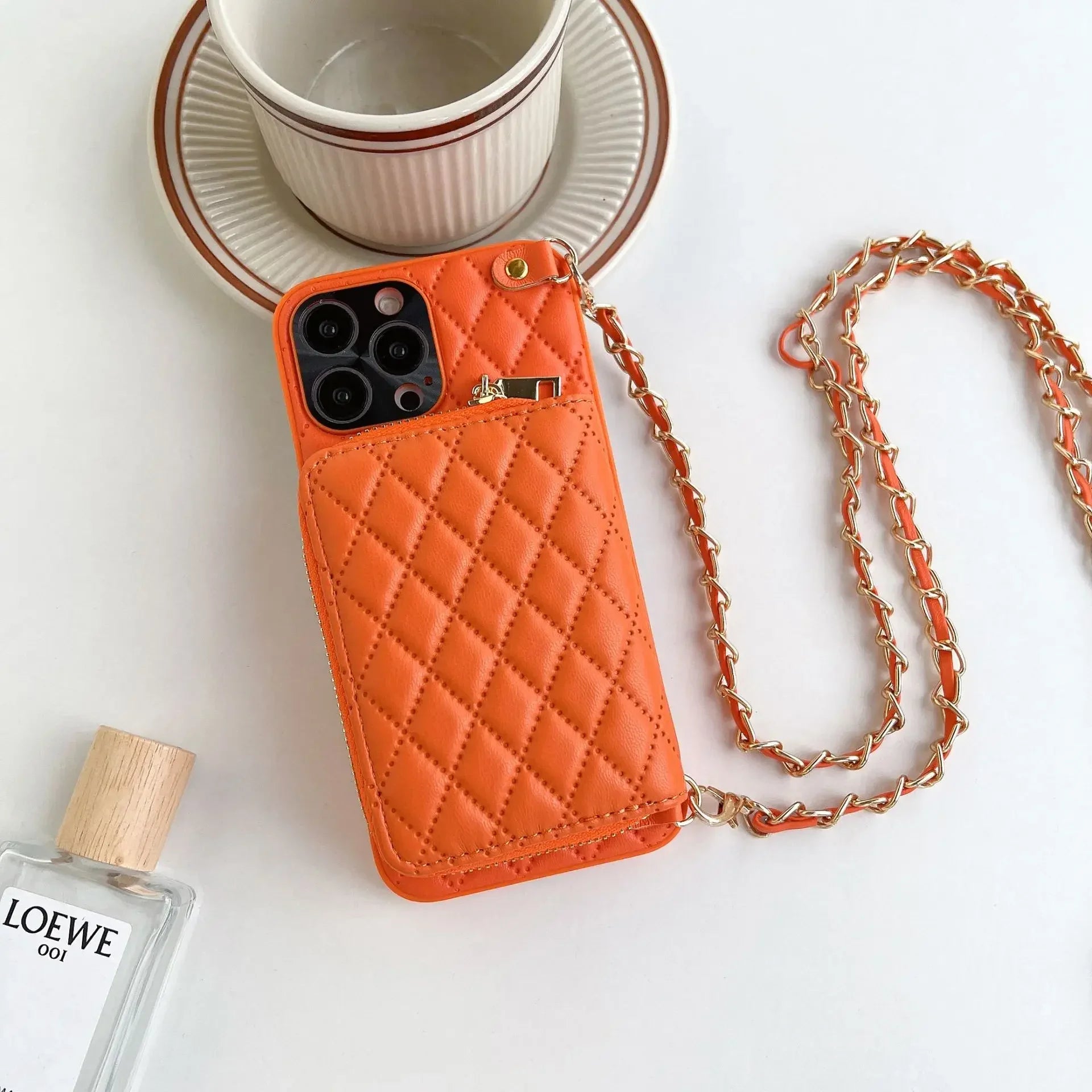 iPhone Crossbody Leather Case with Lanyard Strap – Wallet Card Holder Chain Phone Cover