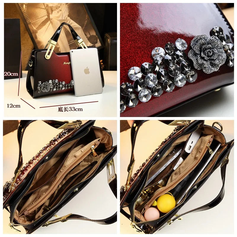 Genuine Leather Diamonds Shoulder Handbag