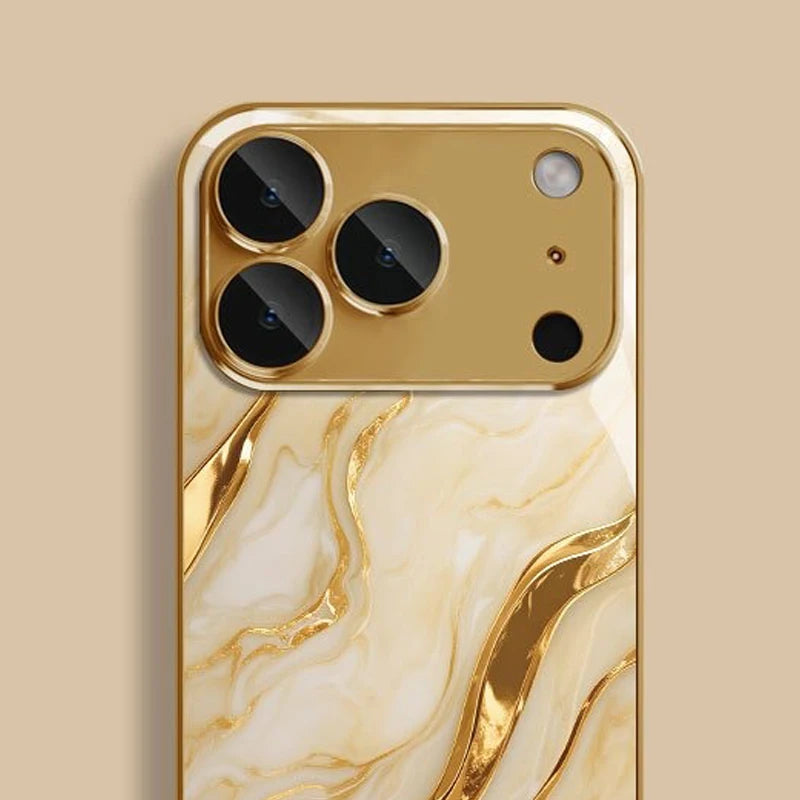 Golden Marble Waves Metallic Tempered Glass iPhone Case