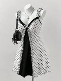 Polka Dot Ruffle Trim Bow Front Cami Mini Dress