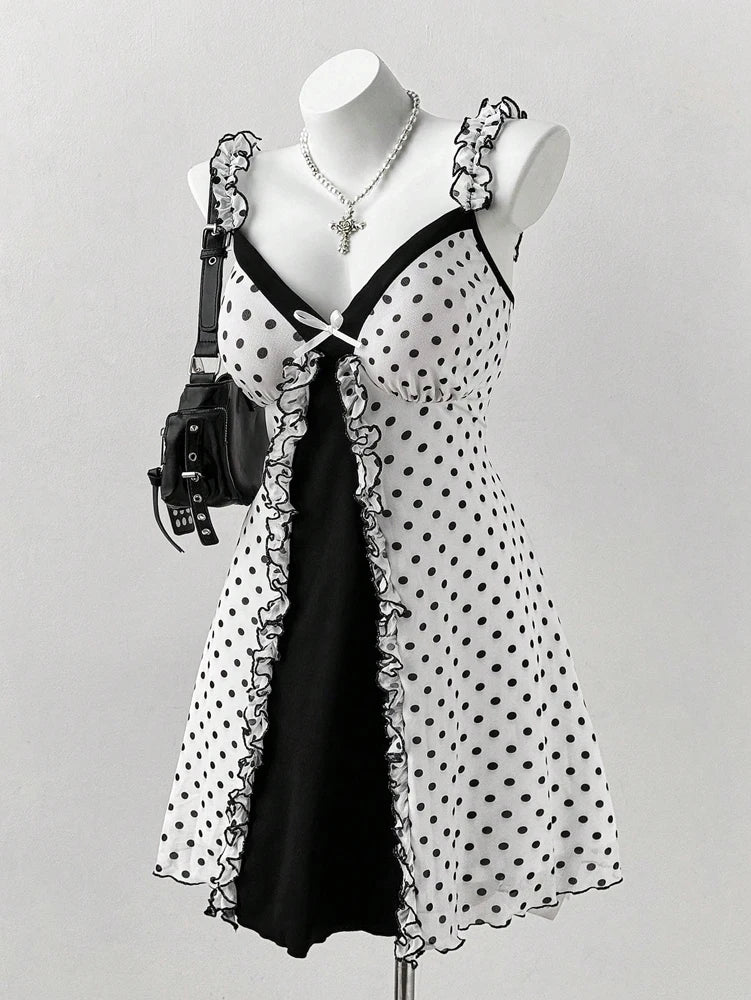 Polka Dot Ruffle Trim Bow Front Cami Mini Dress