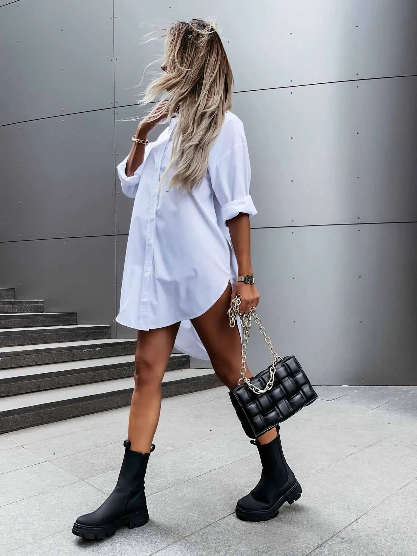Women’s Solid Color Button Front Shirt Dress
