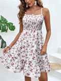 Floral Print Shirred Spaghetti Strap Dress