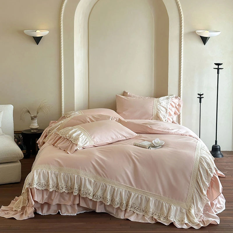 Elegant French Lace Ruffle Bedding Set 100% Cotton