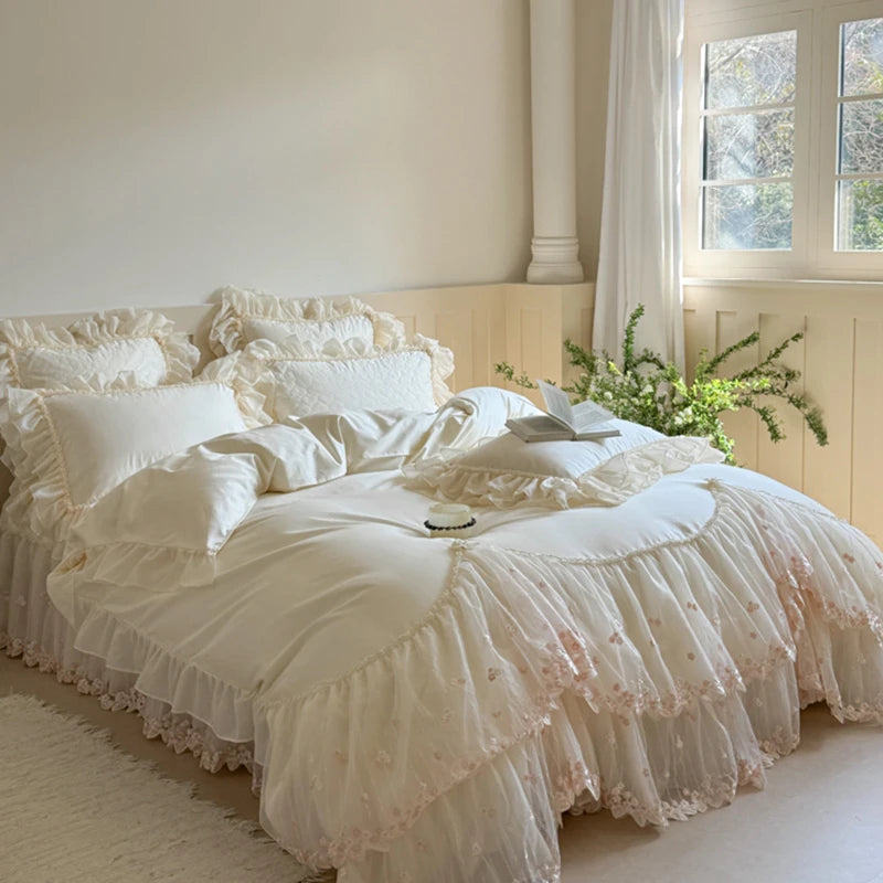 Elegant White/Pink Lace Ruffle Egyptian Cotton Bedding Set