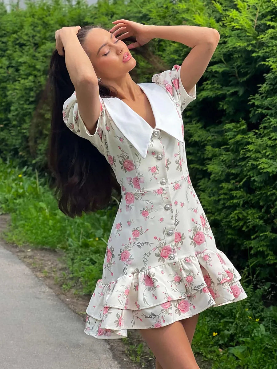 Women’s Floral Mini Dress Short Sleeve Lapel Style