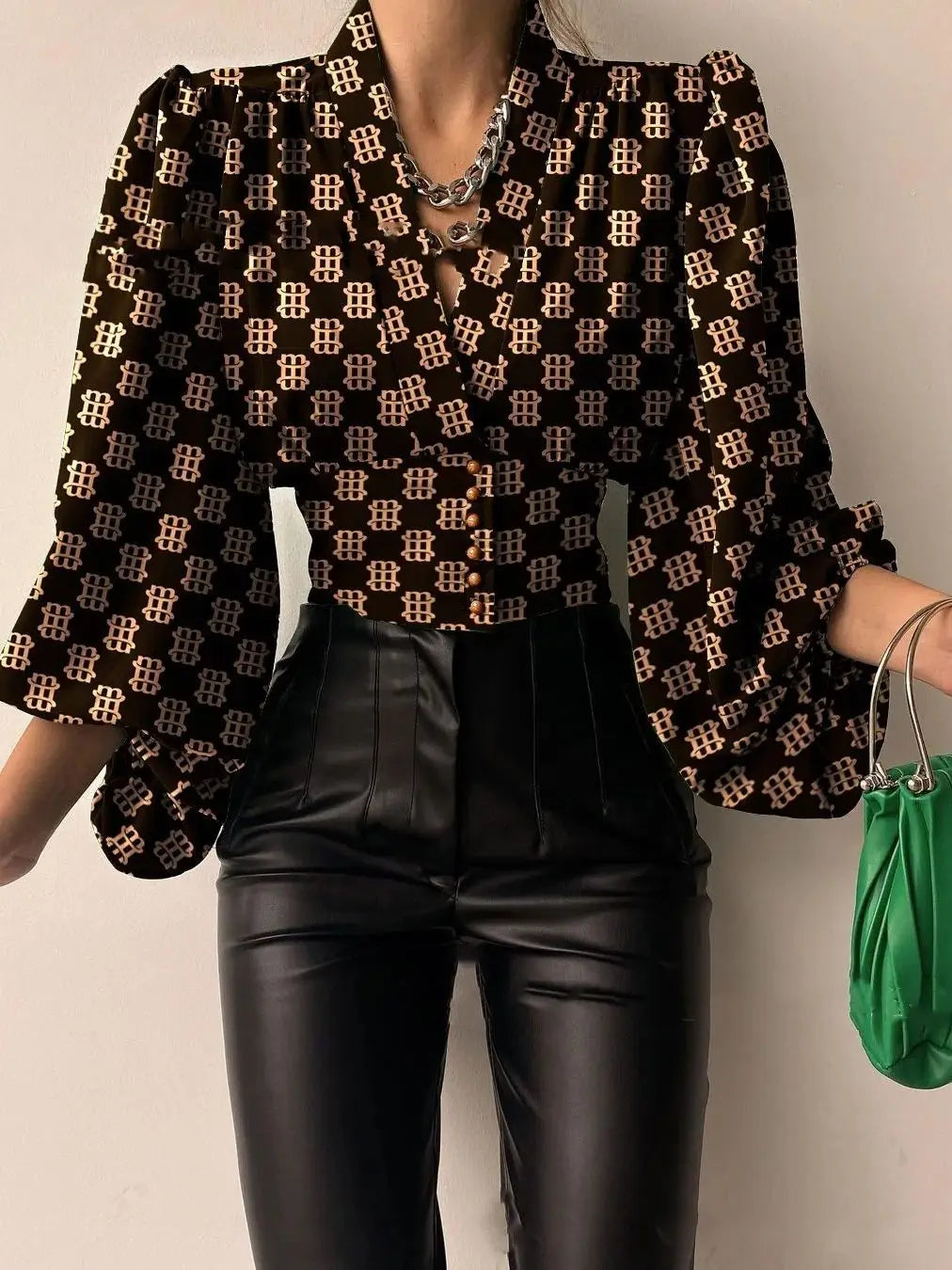 Elegant Lantern Long Sleeve  V-neck Blouse