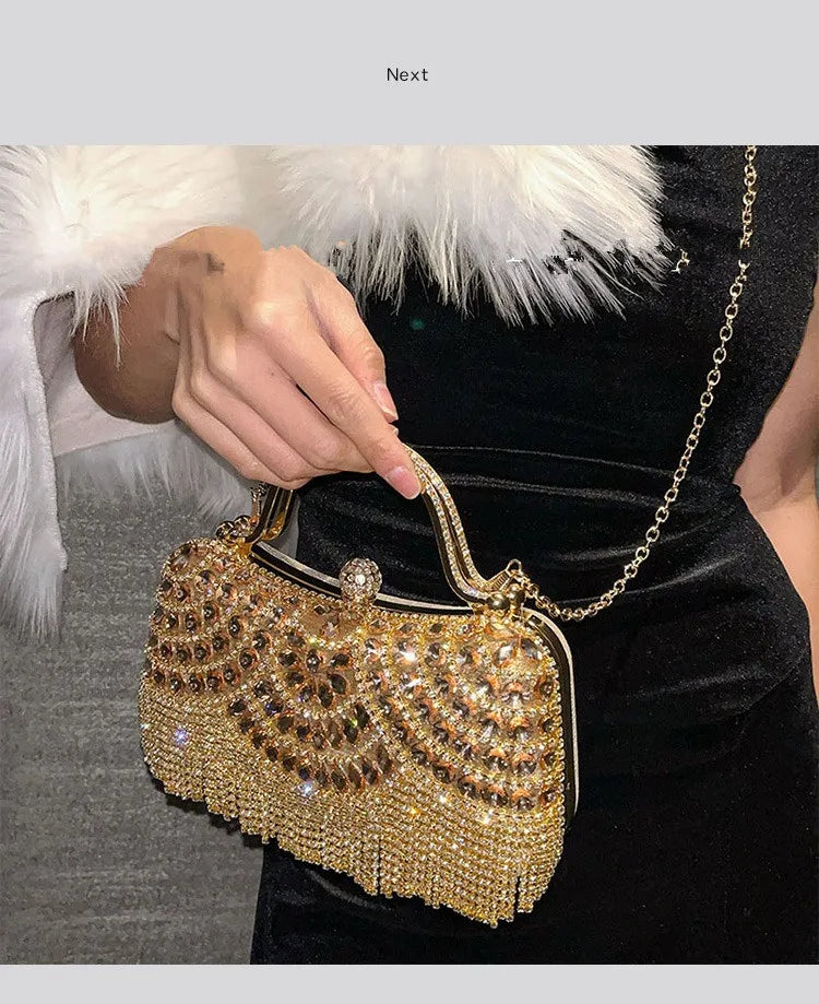 Diamond Evening Gold Clutch Tassel Bag