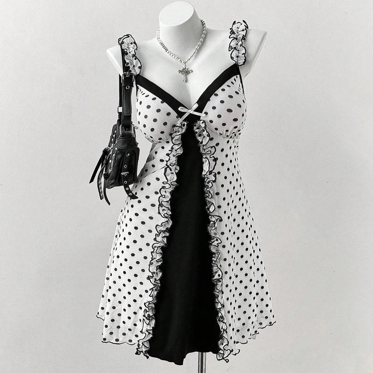 Polka Dot Ruffle Trim Bow Front Cami Mini Dress