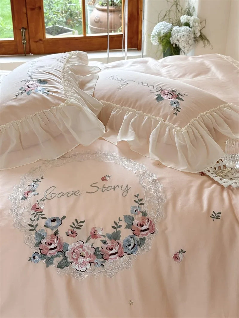100% Egyptian Cotton Floral Embroidery Luxurious Bedding Set