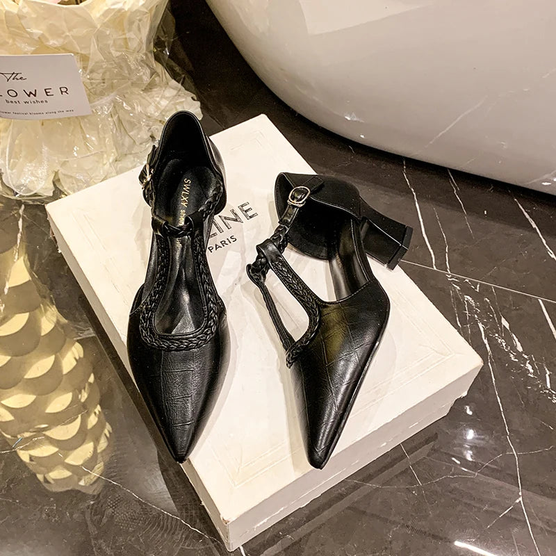 Women’s Pointed Toe T-Strap Mid Heel Sandals