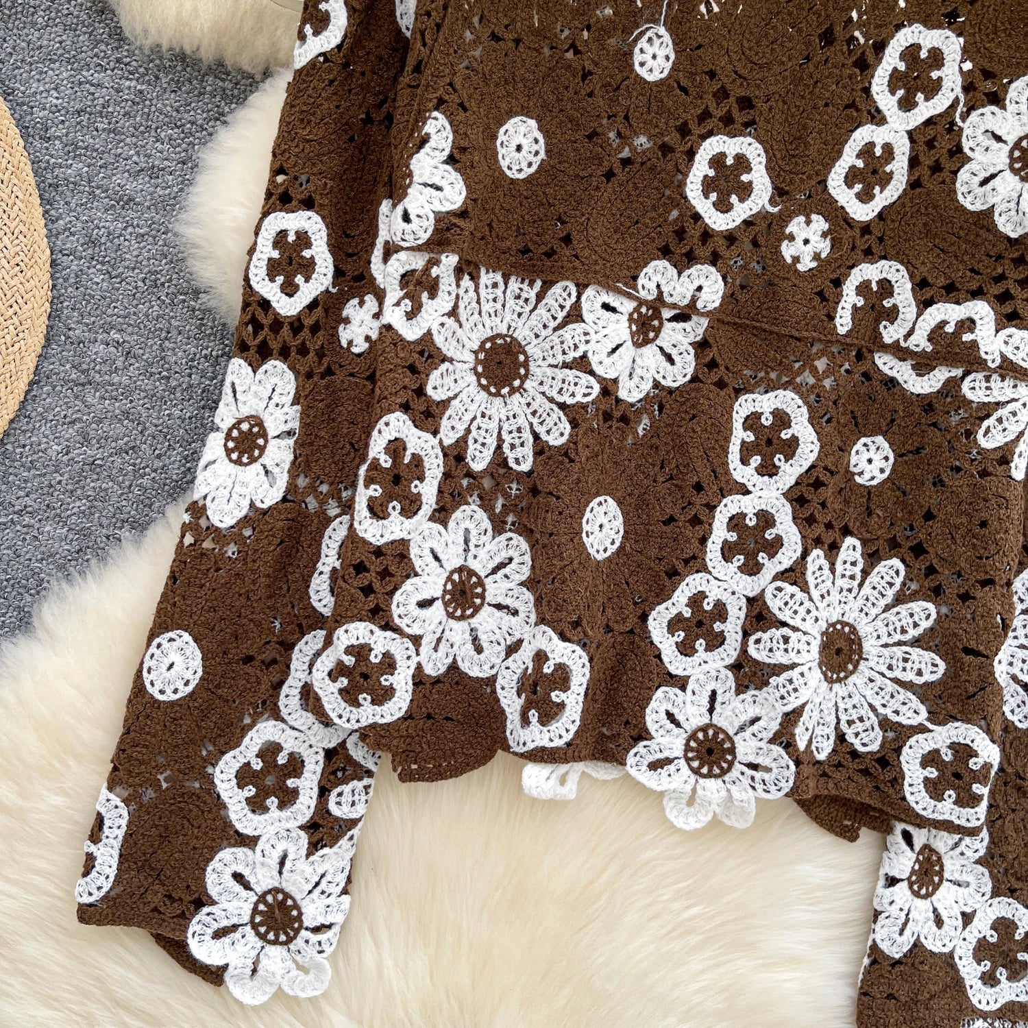 Elegant Hollow Floral Knit Pullover