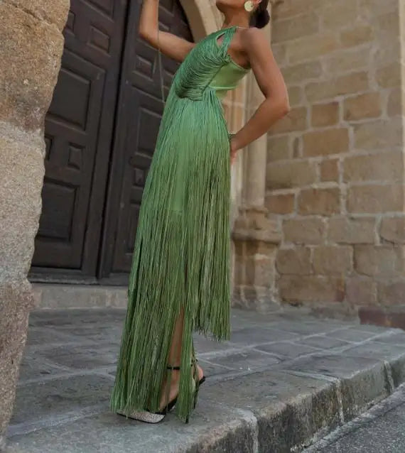 Women 2026 Spring Summer Solid Color Halter Tassel Long Dress