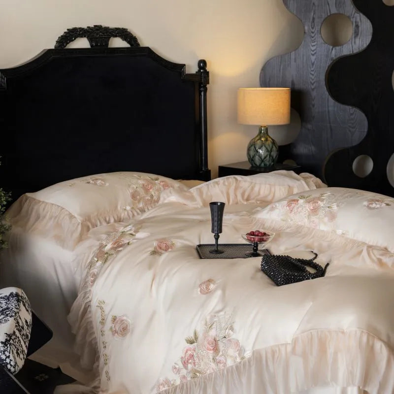 Beautiful Flowers Embroidery Ruffle Bedding Set 100% Cotton