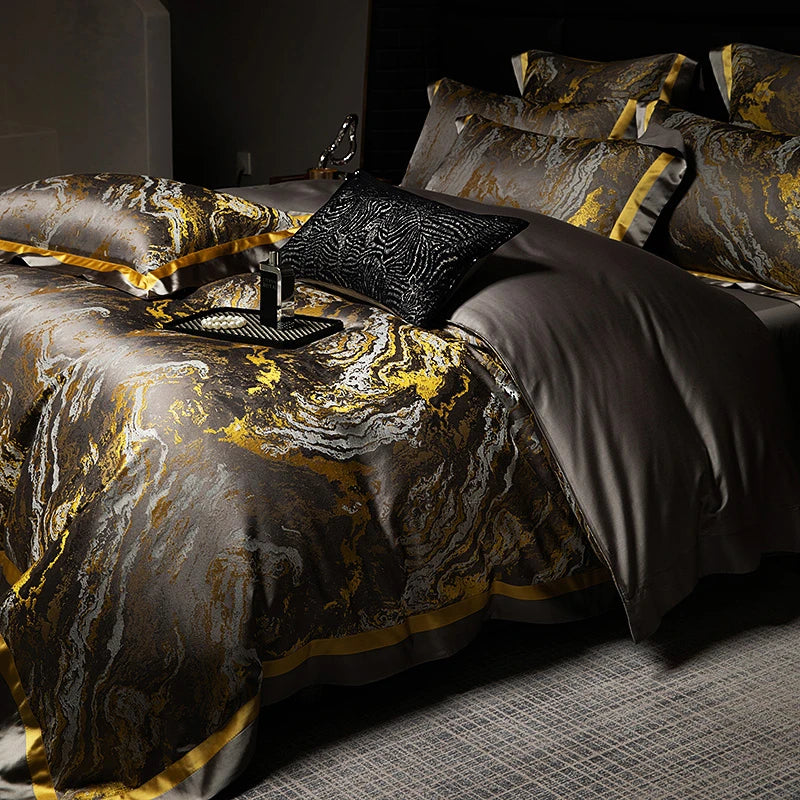 Luxury Black Gold Satin Jacquard Bedding Set 1000TC Cotton