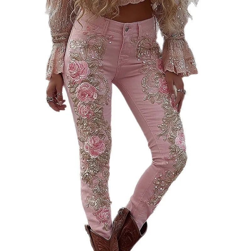 American Style Floral Print Straight Leg Denim Jeans
