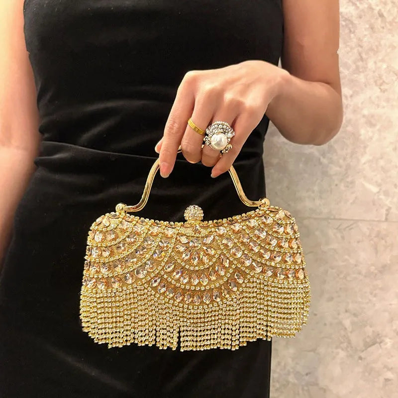 Diamond Evening Gold Clutch Tassel Bag