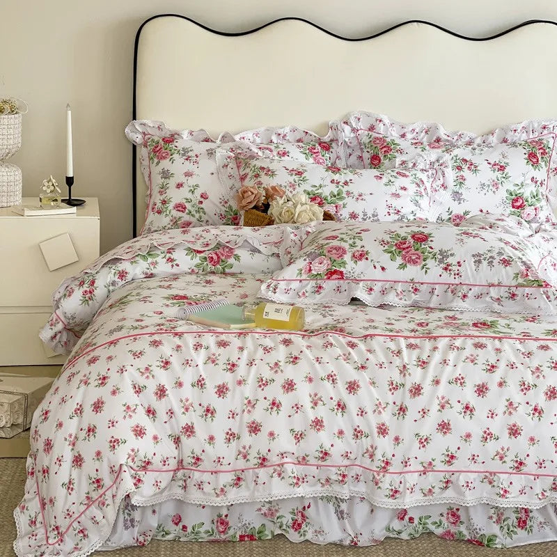 Elegant Ruffle Elegant Vintage Floral Bedding Set 100% Cotton