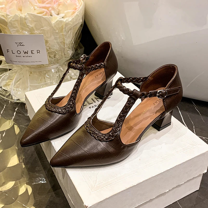 Women’s Pointed Toe T-Strap Mid Heel Sandals