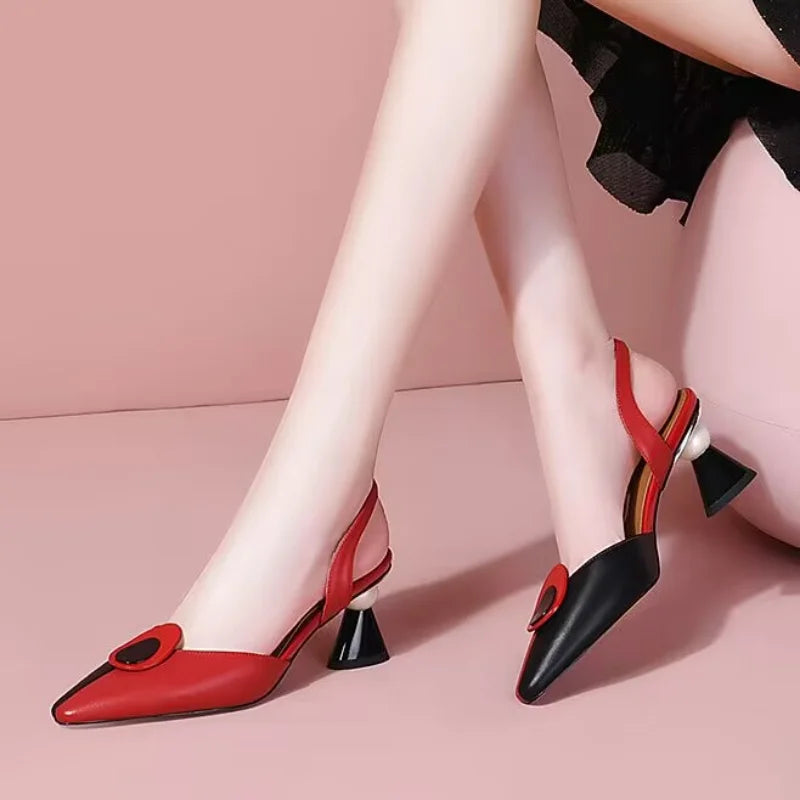 Multi Color Black Pu Leather Slip on Square Heel Pumps