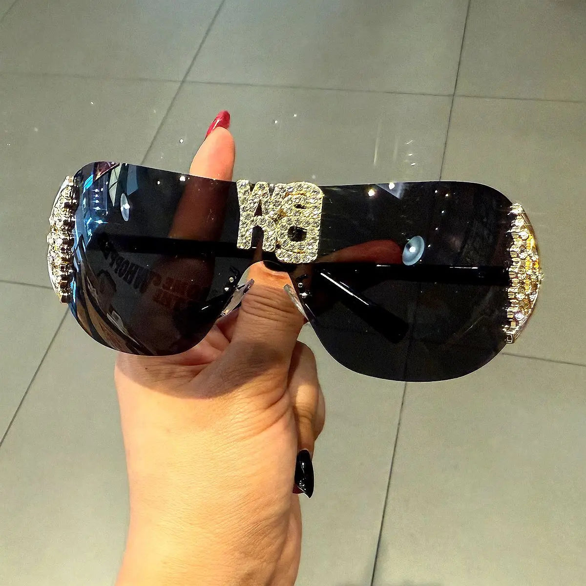Rimless Women's Sunglasses with Rhinestone Letters