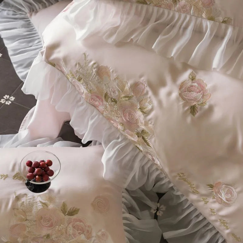 Beautiful Flowers Embroidery Ruffle Bedding Set 100% Cotton