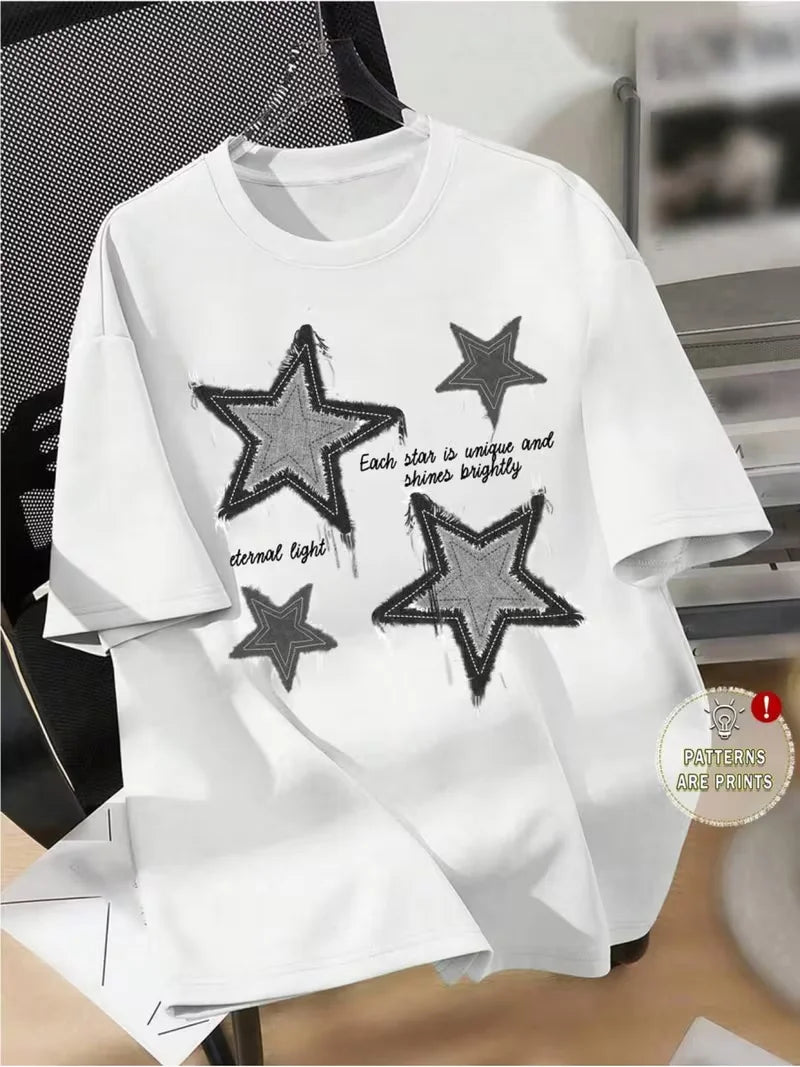 Distressed Denim Star Print Graphic T-Shirt