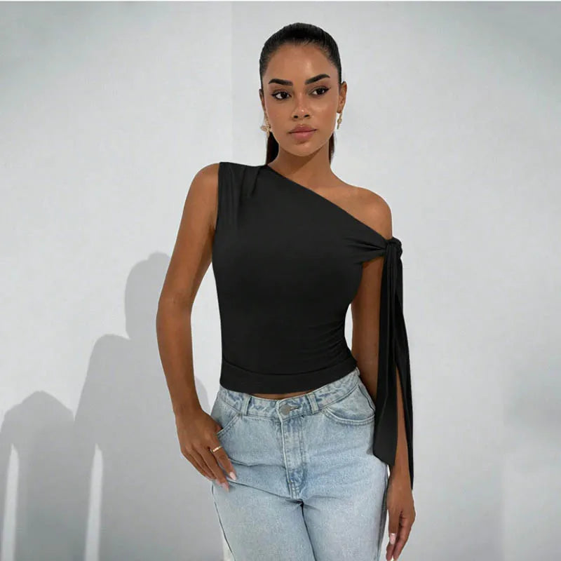 Women’s Elegant Sleeveless Slim Fit Top with Knot Necktie