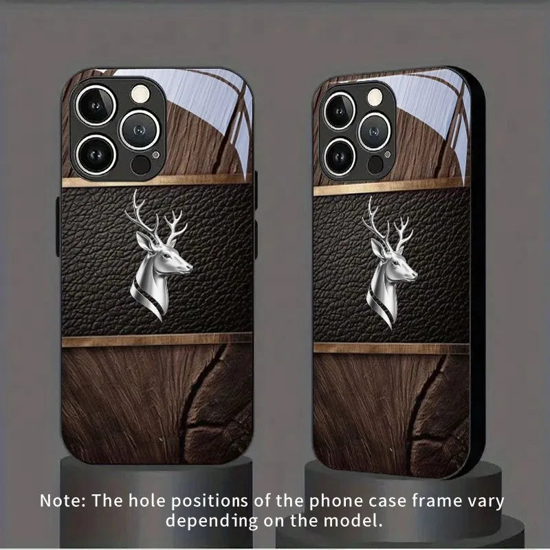 Tempered Glass Deer Head Case for iPhone – Curved Luxury Black Phone Cover
