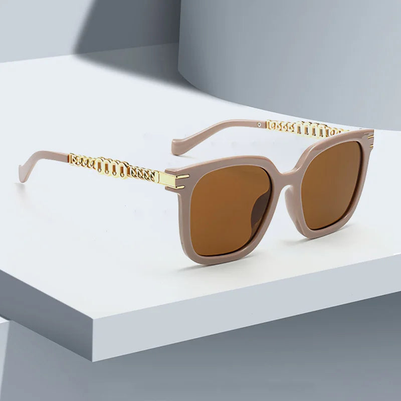 Vintage Golden Chain Embellished Black Square Sunglasses