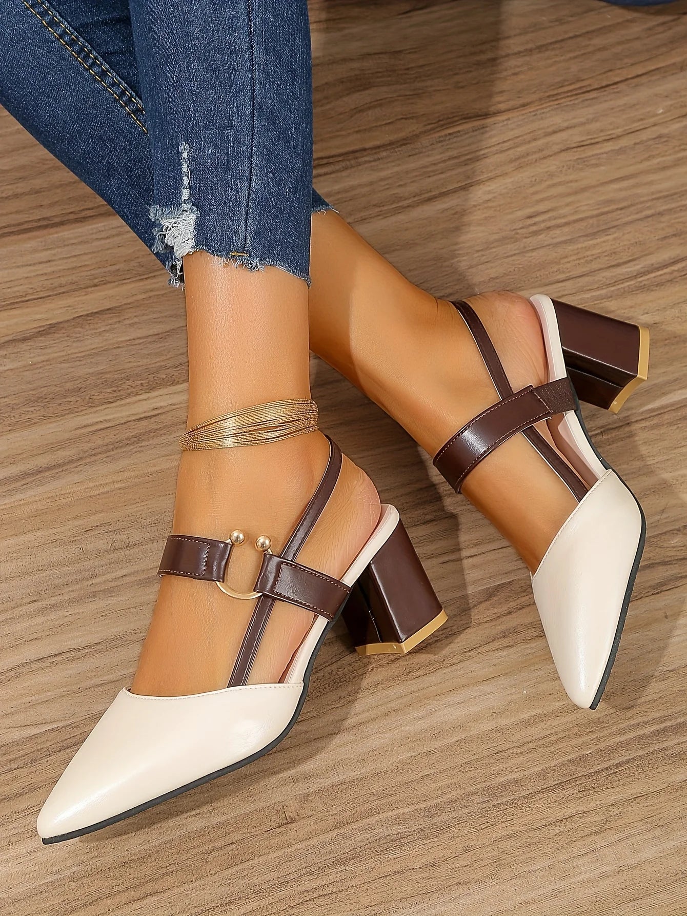 Two-Color Pointed Toe Block Sandals