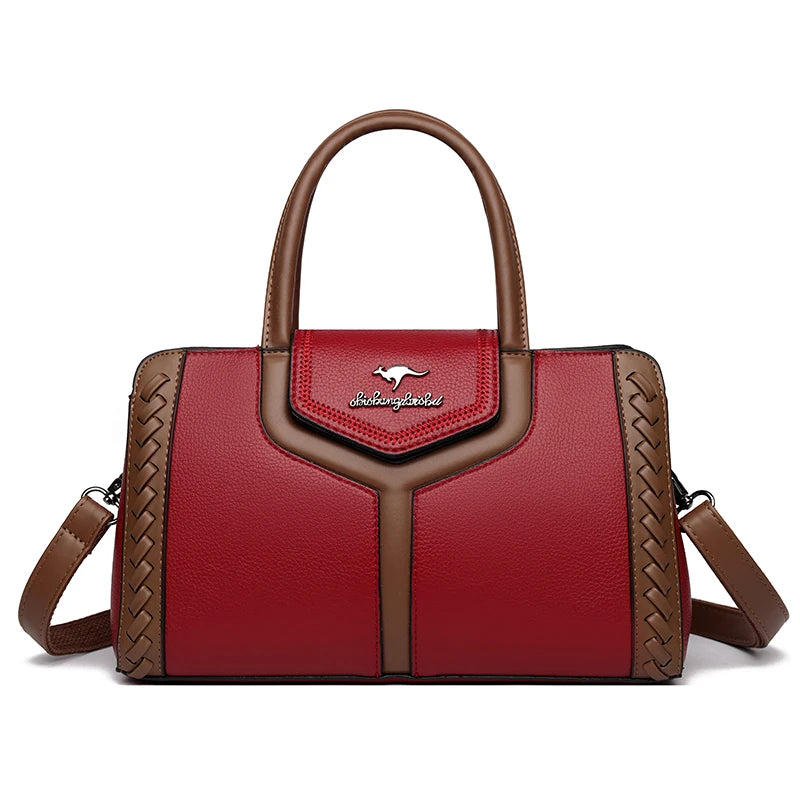 Two Color Genuine Soft Leather 3-layer Top-Handle Bag