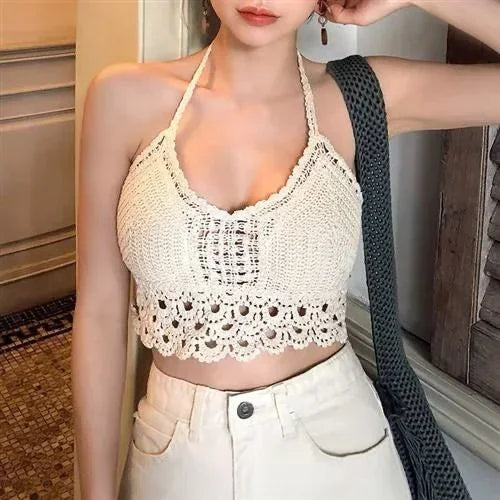 Retro Hollow Tassel Spaghetti Strap Crop Top