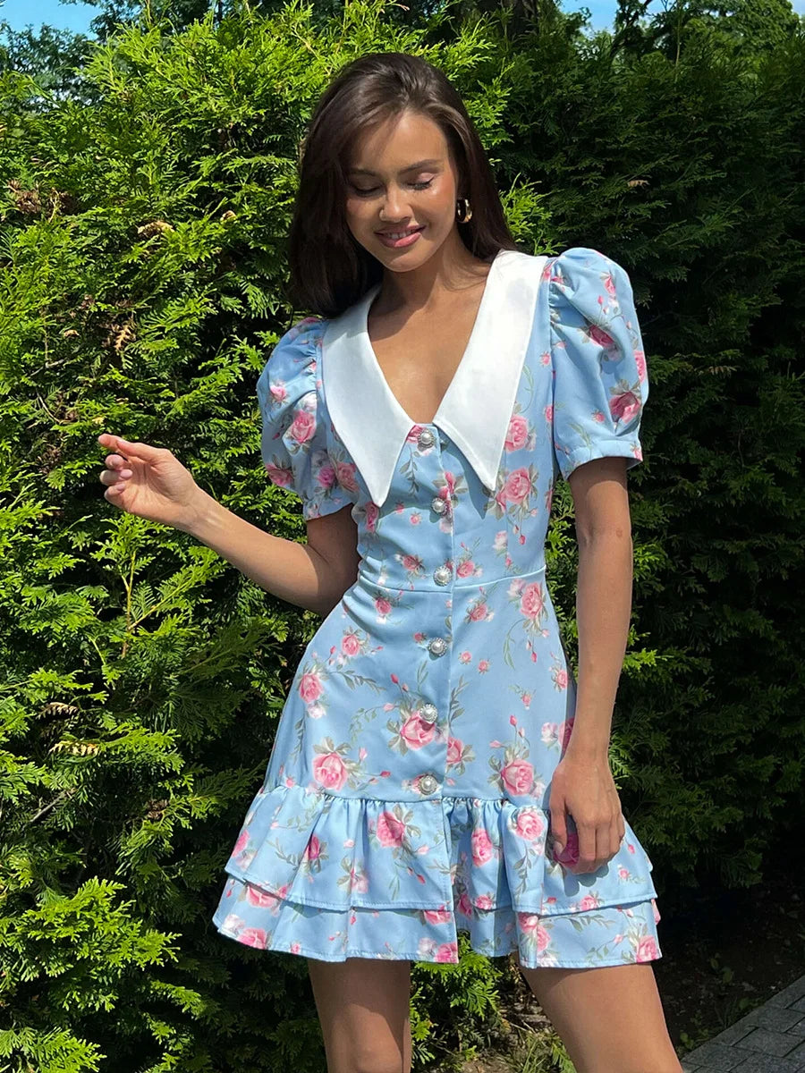 Women’s Floral Mini Dress Short Sleeve Lapel Style