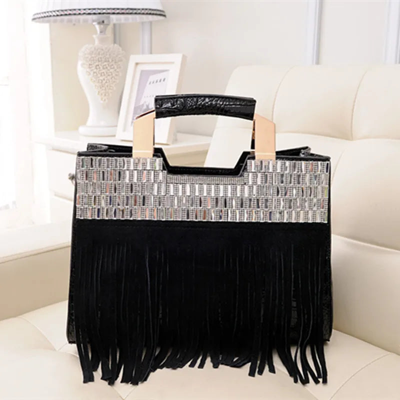 Genuine Tote Leather Handbag With Tassel Rhinestone