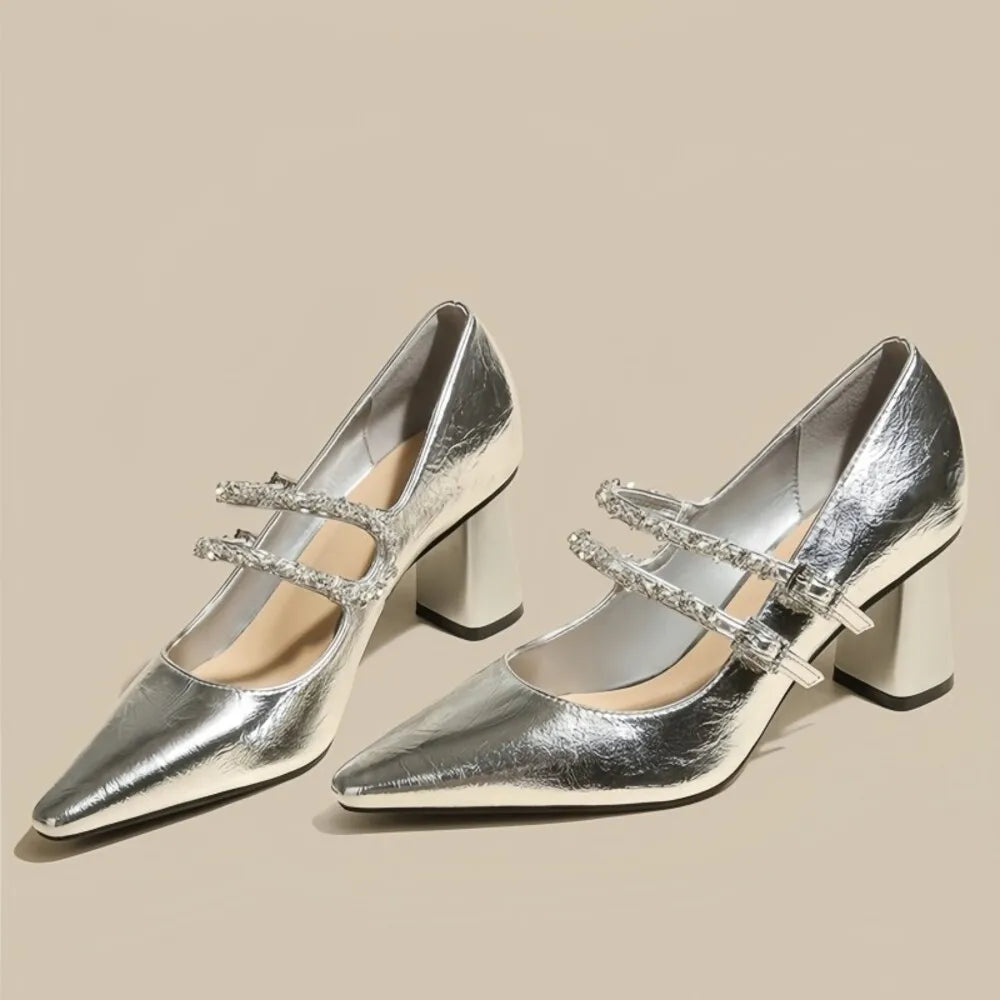 Women’s Rhinestone Double Buckle Pointed Toe High Heel Pumps