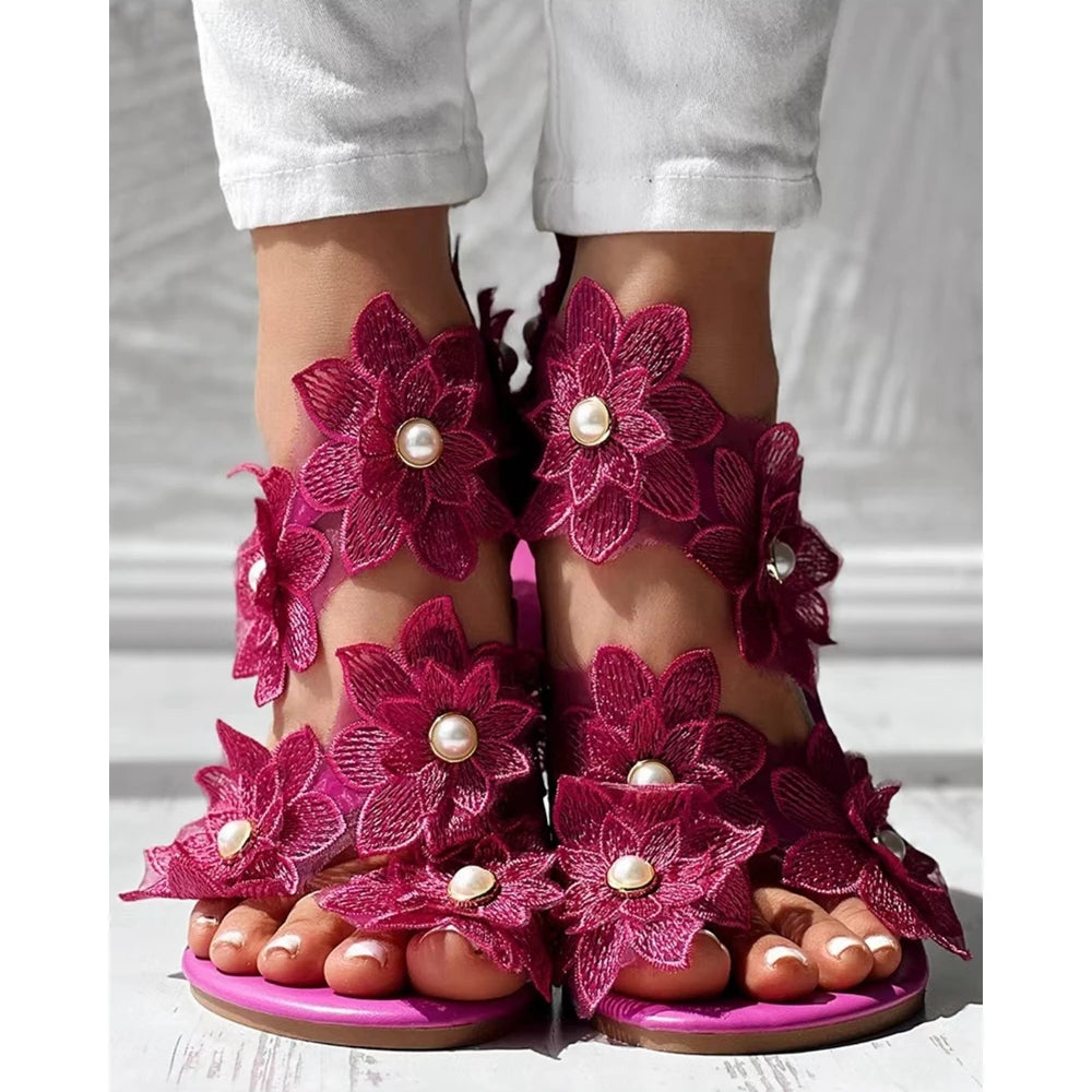 Beautiful Summer Ring Flower Flat Sandals